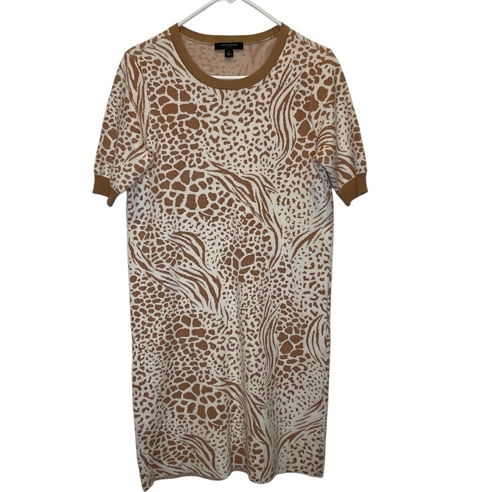 Ann Taylor Mixed Animal Print Knit Shift Dress Ribbed Trim Size M/P